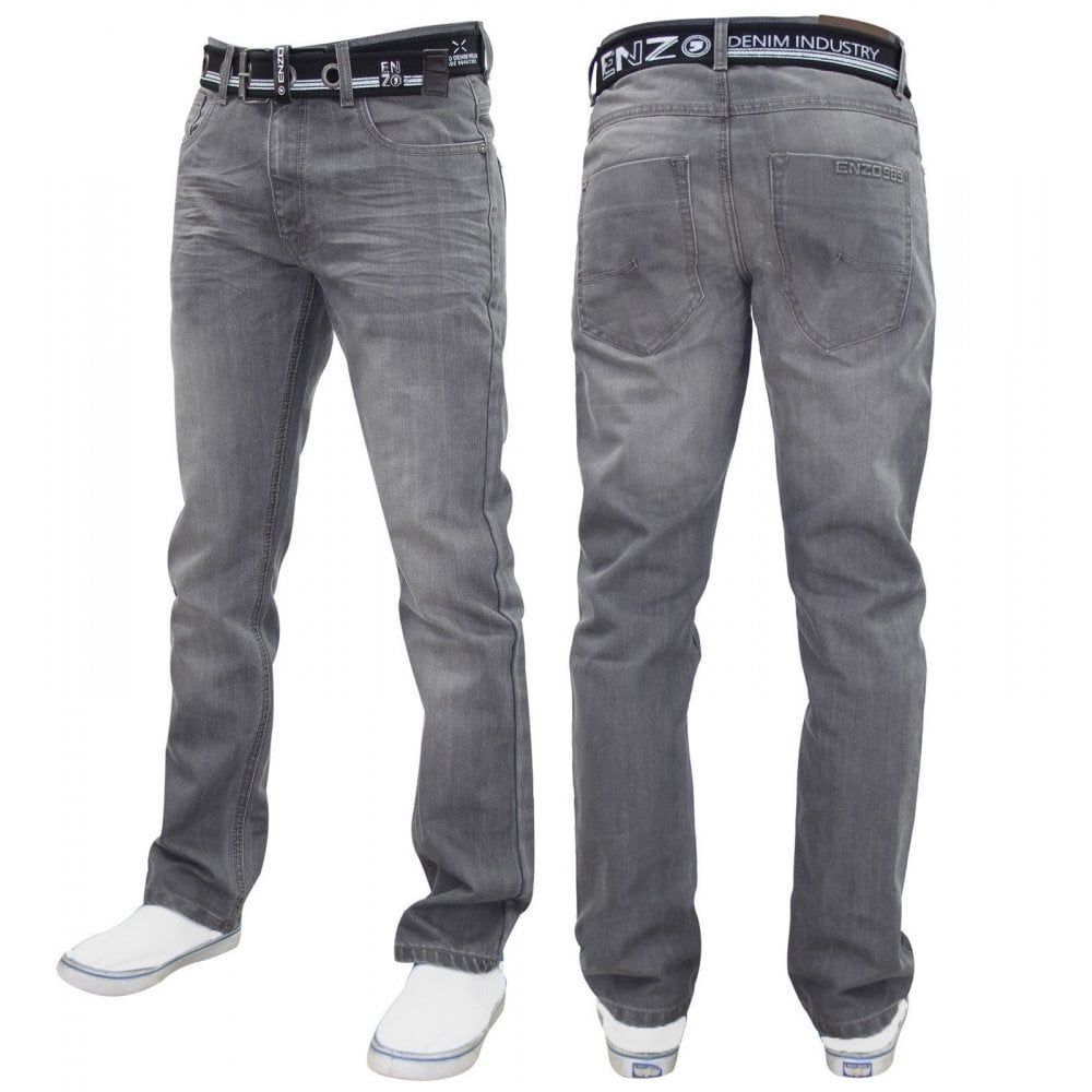 Enzo Mens EZ 324 Designer Denim Stonewashed Jeans Pants Grey