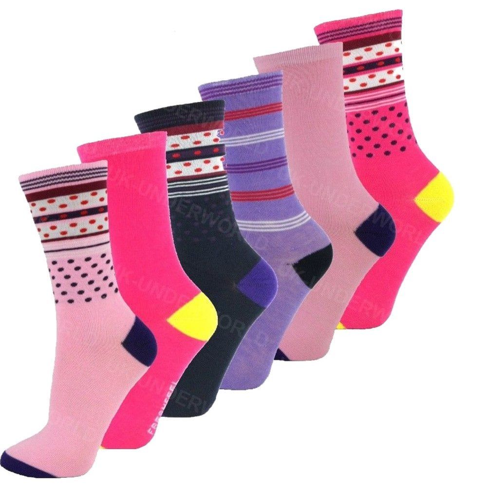 6 Pairs Ladies Womens Coloured Design Socks Cotton Blend Designer Adults 4-7