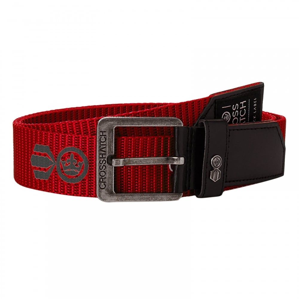 Crosshatch Mens Branded Lineman Webbed Canvas Designer PU Nylon Belt Formula 1 Red