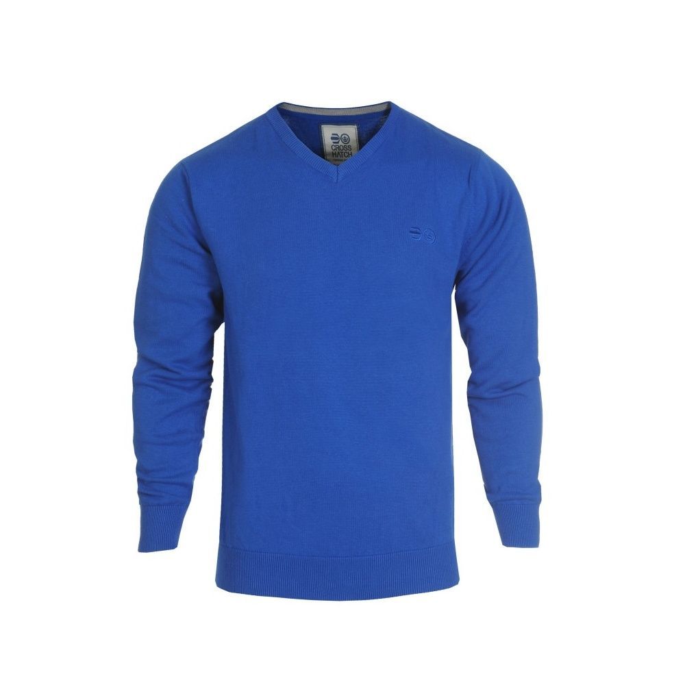 Crosshatch Casual Veeter V-Neck Fine Knitted Jumper Blue