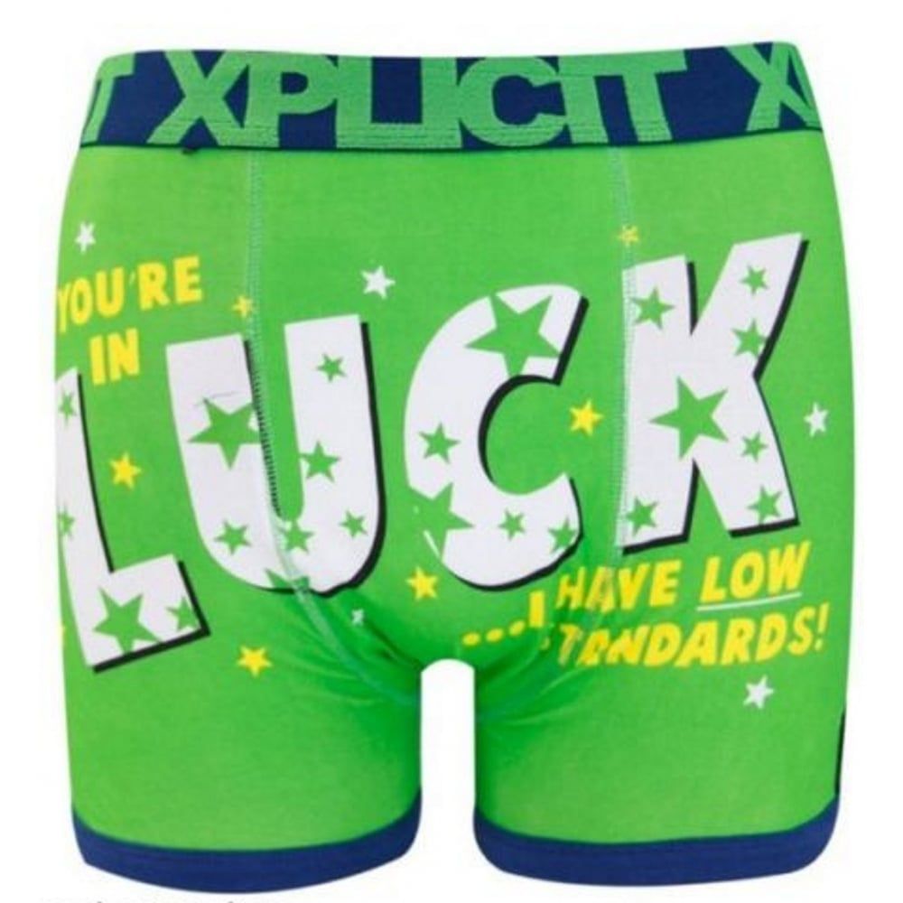 Xplicit Men's Funny Rude Luck Geek Cartoon Novelty Boxer Shorts Trunks Bright Green
