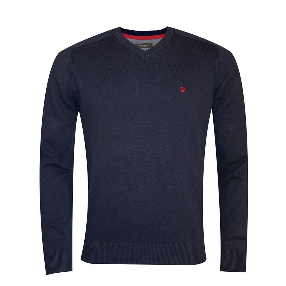 Farah Mens Stern Knitted V Neck Jumper Peacoat Blue