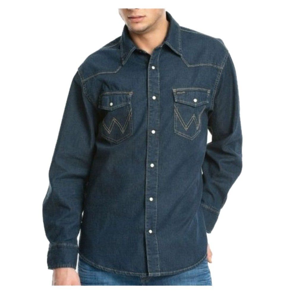 Mens Wrangler Authentic New Western Style Denim Shirt Rinse Indigo 