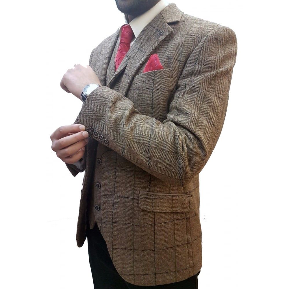 Cavani Mens New Designer Sergio Tweed Regular Fit Blazer Brown Check