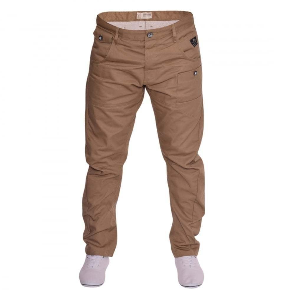 Crosshatch Mens Kractus Designer Twisted Leg Regular Fit Tapered Chinos Jeans Tan