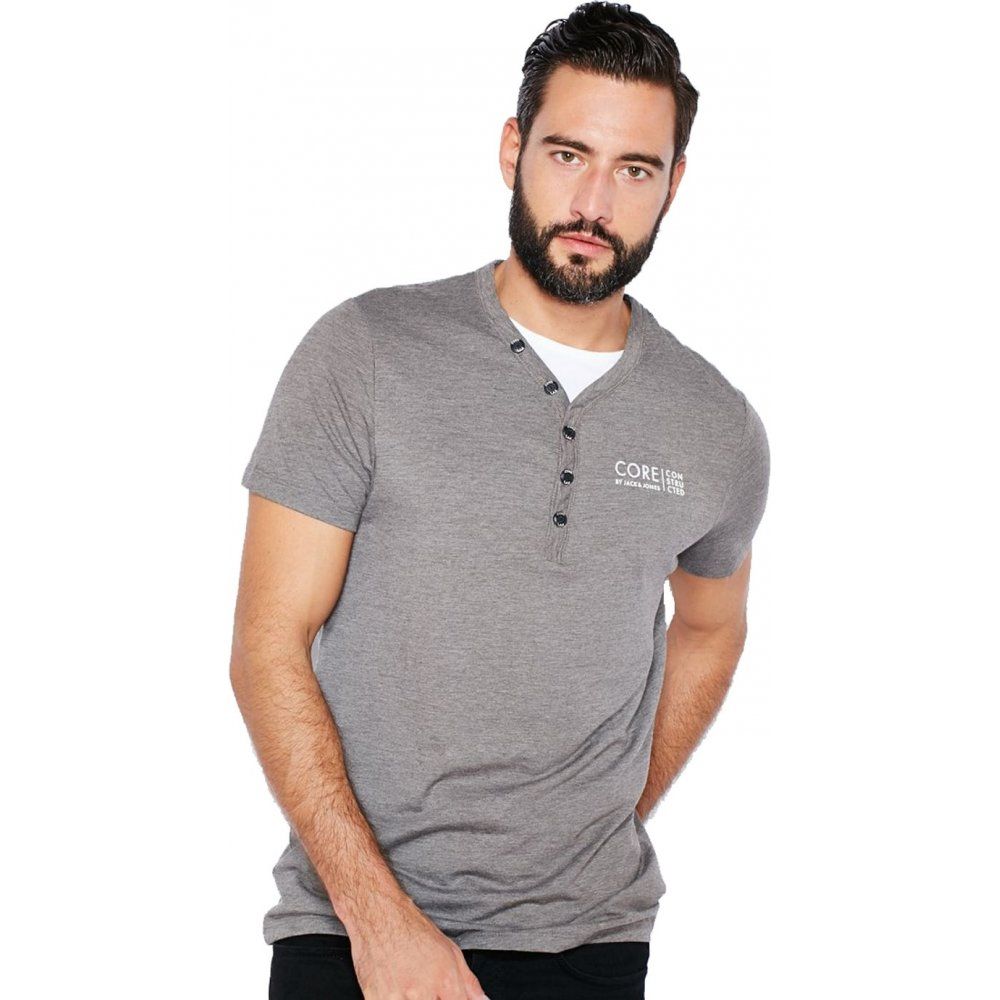 Jack & Jones Paven Split Neck T-Shirt Grey Melange