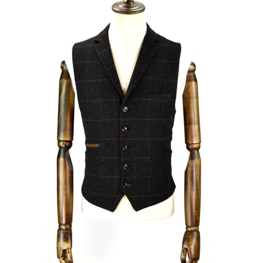 Cavani Kemson Mens Check Wool Mix Slim Fit Waistcoat Charcoal