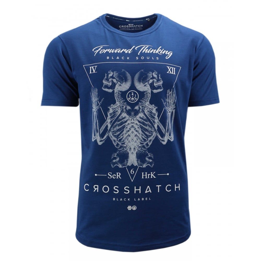 Crosshatch Mens Bones Designer Casual Skull T Shirt Estate Blue