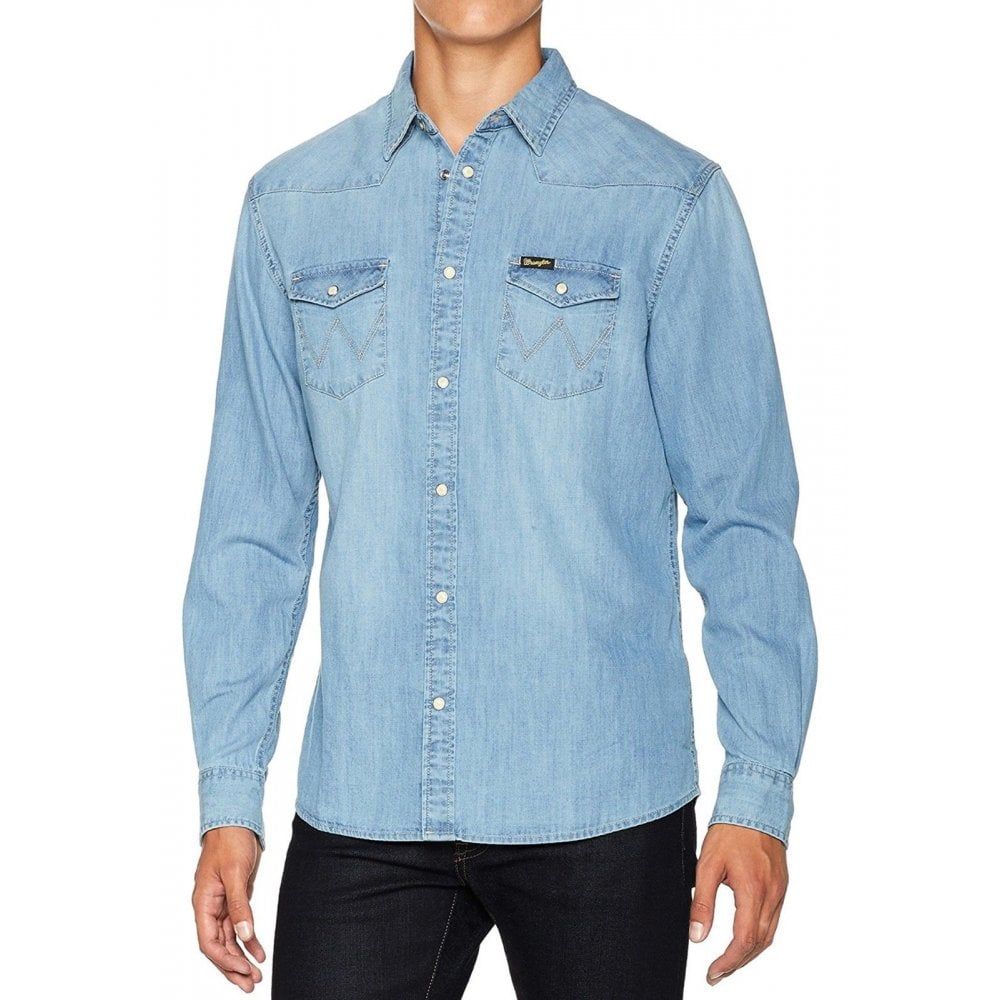 Mens Wrangler Authentic New Western Style Denim Shirt Light Indigo 
