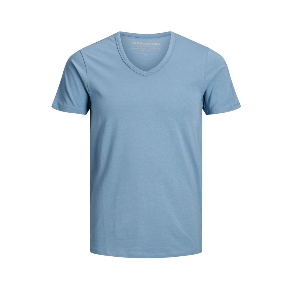 Jack & Jones New Mens V Neck Slim Fit T-shirt Stretchy Plain Lycra Cotton Tee Blue Heavens