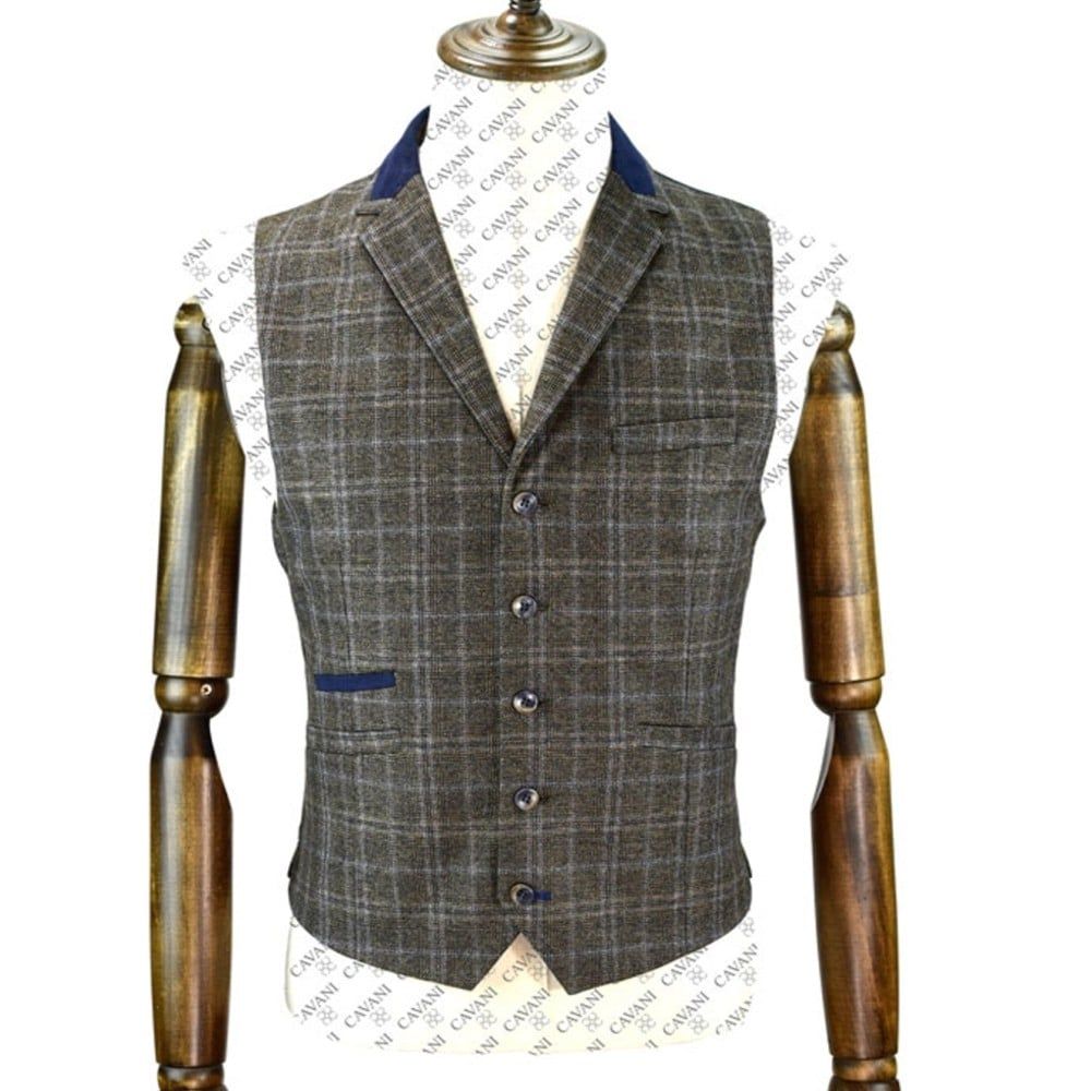 Cavani Masaki Mens Check Herringbone Slim Fit Waistcoat Brown