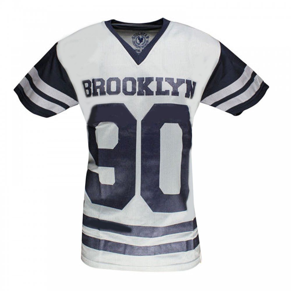 MT Jones American Football Brooklyn V Neck T Shirt Tee Top Grey