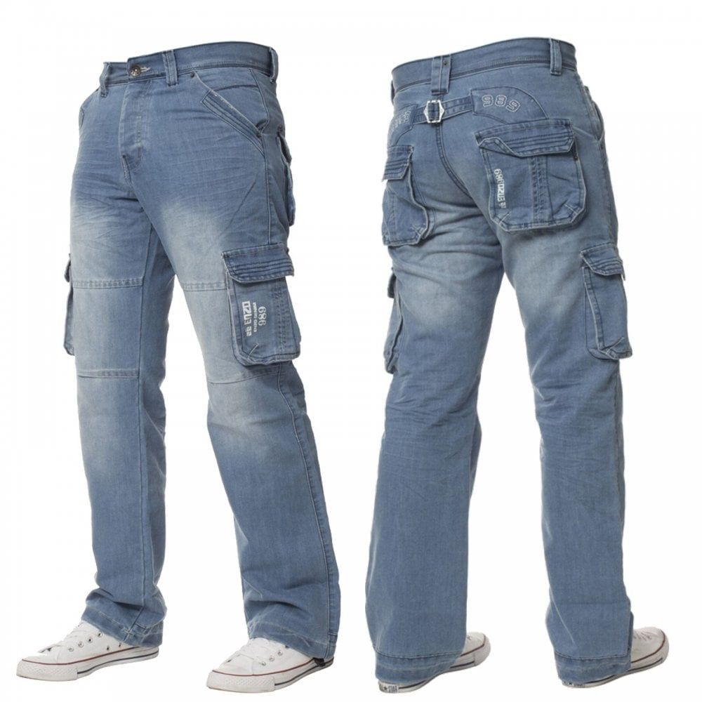 Mens Enzo New CARGO Combat Light Washed Straight Leg Jeans