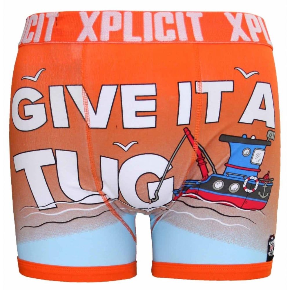 Xplicit Men's Funny Rude Tugger Geek Cartoon Novelty Boxer Shorts Trunks Red Orange