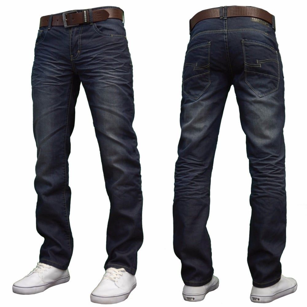 Crosshatch Men's New Fashion Jeans Straight Fit Vintage Faded Blue Denim Farrow