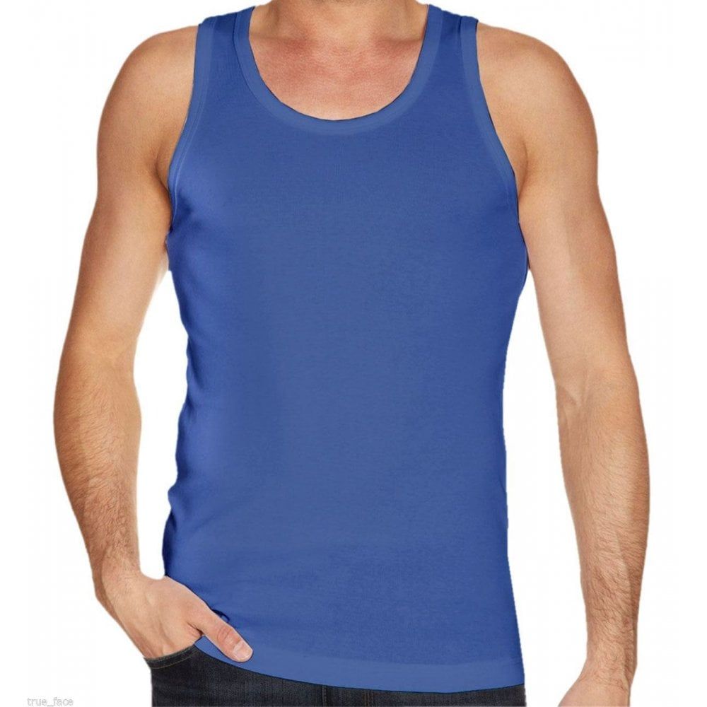 Mens Plain Vests New 100% Cotton Tank Tops Training Gym Royal Blue
