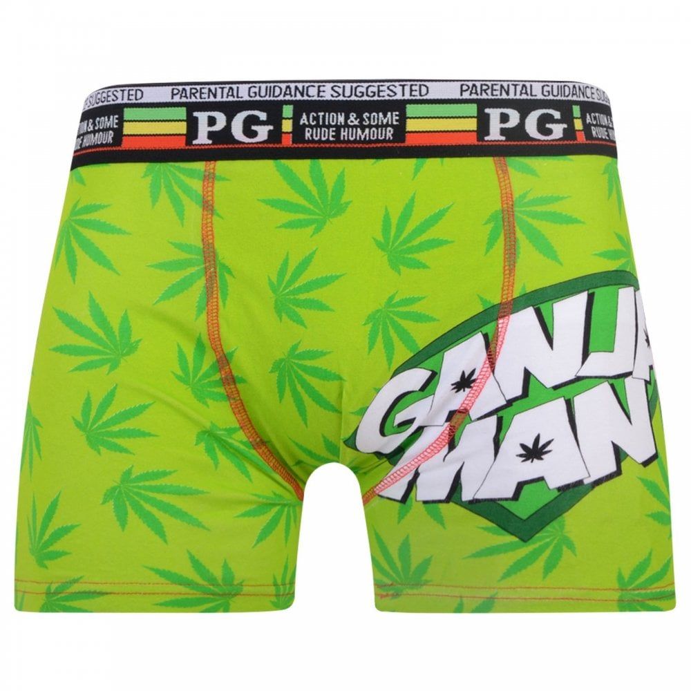 Mens PG Men's Ganja Man Cartoon Novelty Boxer Shorts Trunks Green