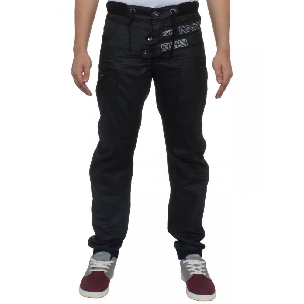 Enzo Mens New Cuffed Coated Denim Jeans Distressed Black