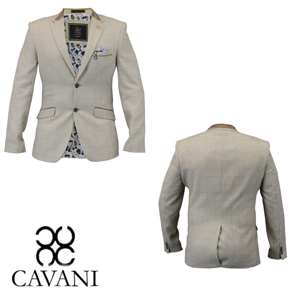 Cavani Check Herringbone Tweed Slim Fit Blazer Beige 