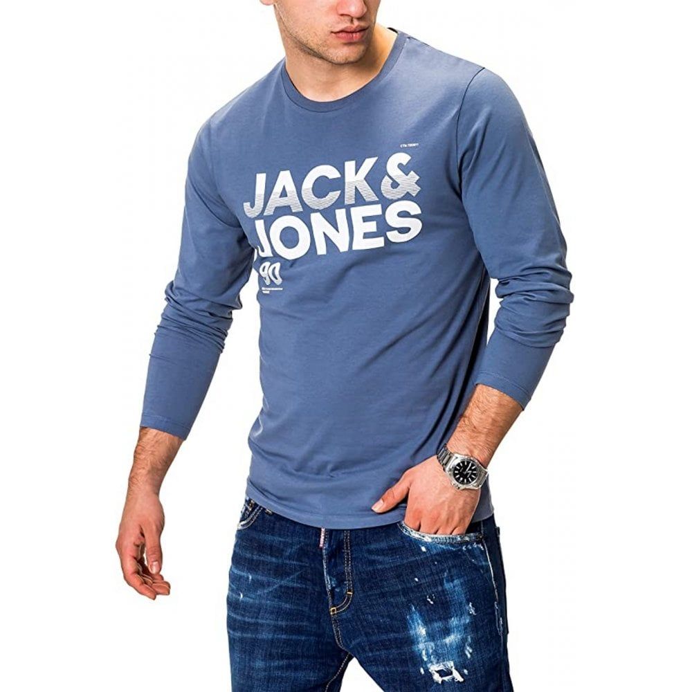 Mens Jack & Jones New JCOTown Designer Classic Long Sleeve T Shirt China Blue