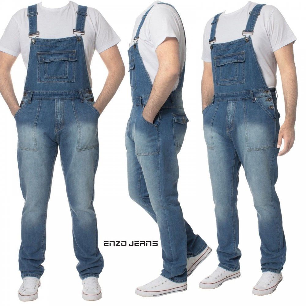 Enzo Mens Denim Dungarees Work Vintage Overalls Bib and Brace Black Blue Size 30 - 50