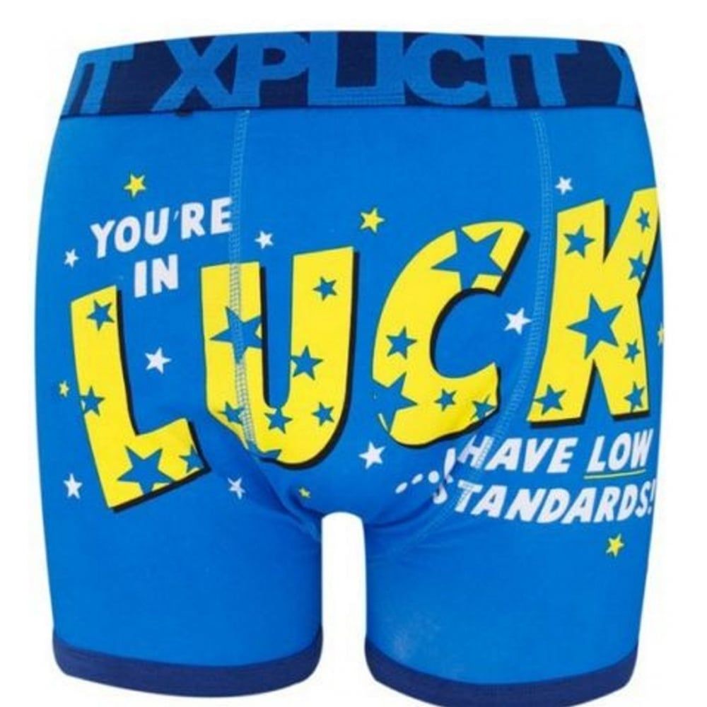 Xplicit Men's Funny Rude Luck Geek Cartoon Novelty Boxer Shorts Trunks Directoire Blue