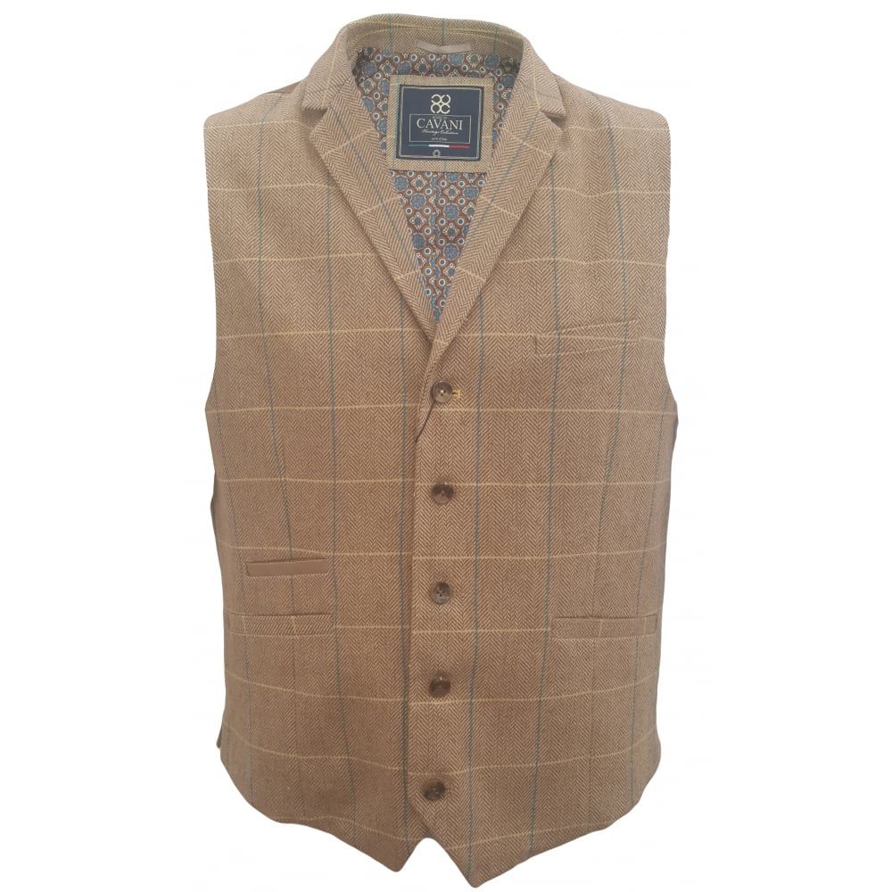 Cavani Mens Check Miles Herringbone Slim Fit Waistcoat Tan