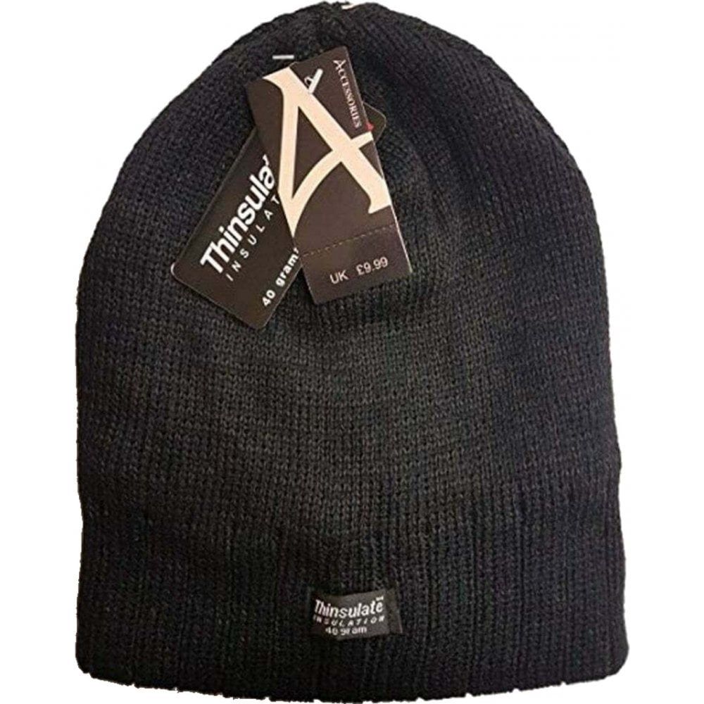 Mens Thermal Ribbed Beanie Hat Thinsulate Insulation 40 Gram Black Winter Warm Fleece Lined 