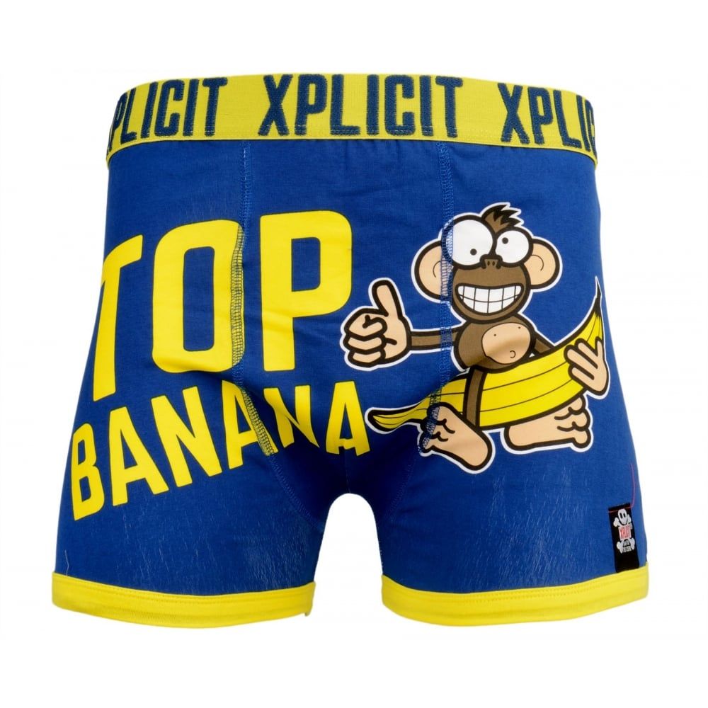 Xplicit Men's Funny Rude Top Banana Geek Cartoon Novelty Boxer Shorts Trunks Estate Blue