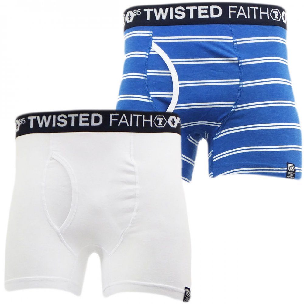 Twisted Faith Mens Underwear 2 Pack Boxer Shorts Blue White