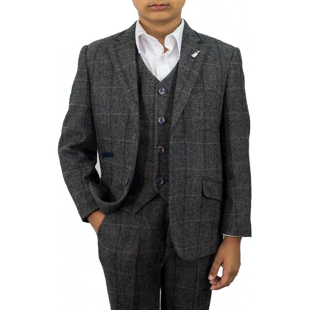Cavani Boys Albert 3 Piece Suits Check Tweed Regular Fit Blazer Grey Check