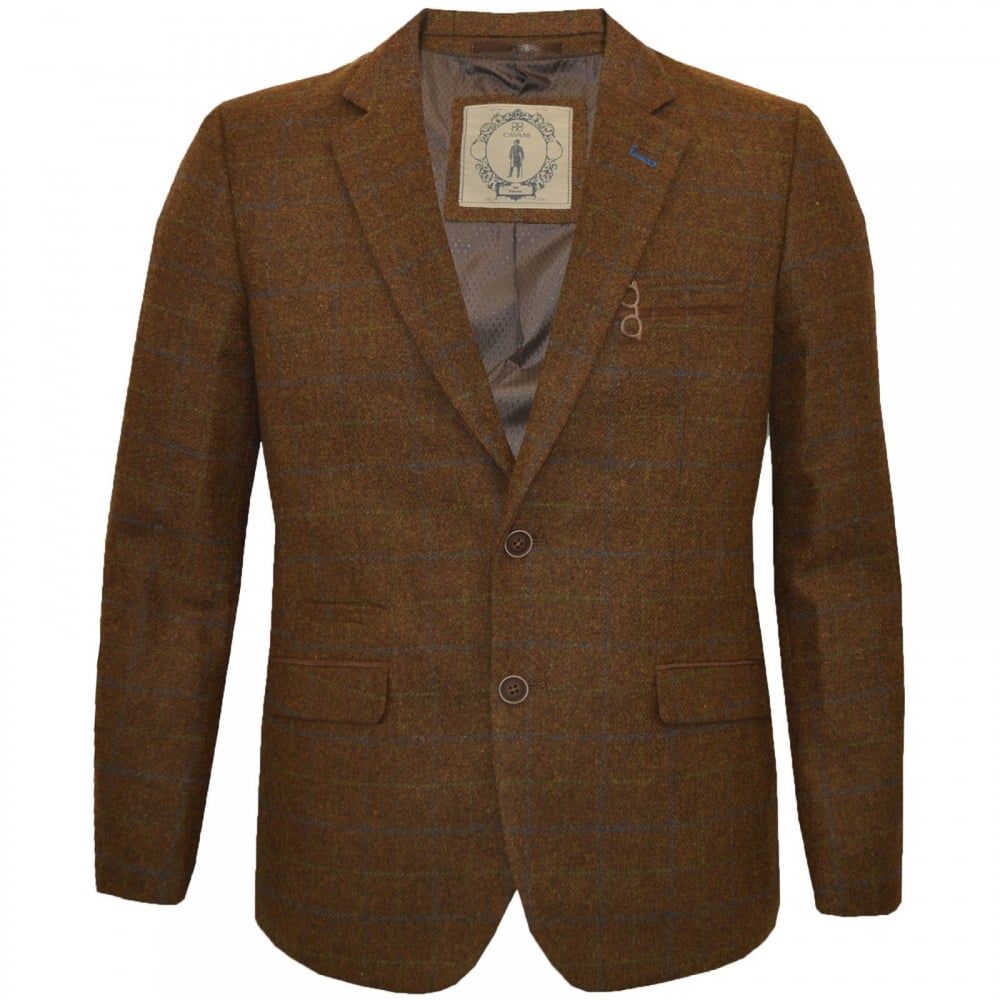 Cavani Designer Argyle Large Size Herringbone Tweed Check Blazer Brown