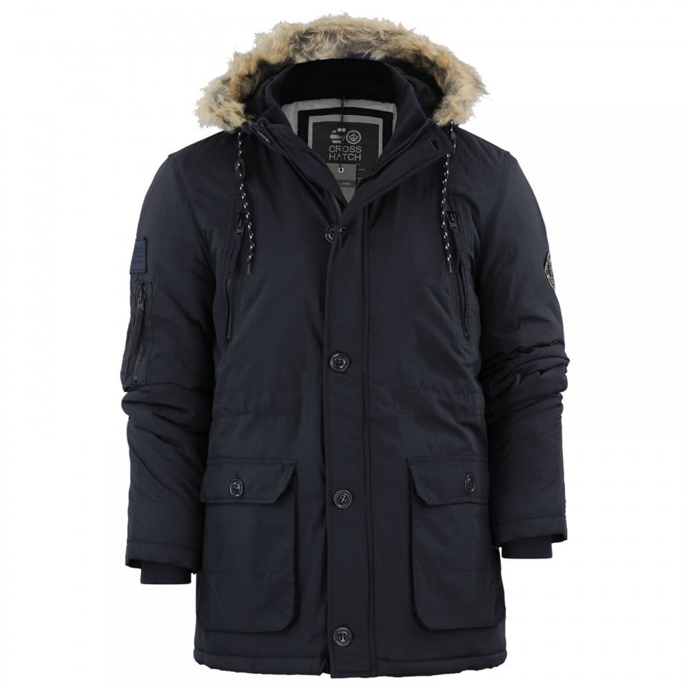Mens Crosshatch New Killborn Faux Fur Hooded Padded Winter Coat Black