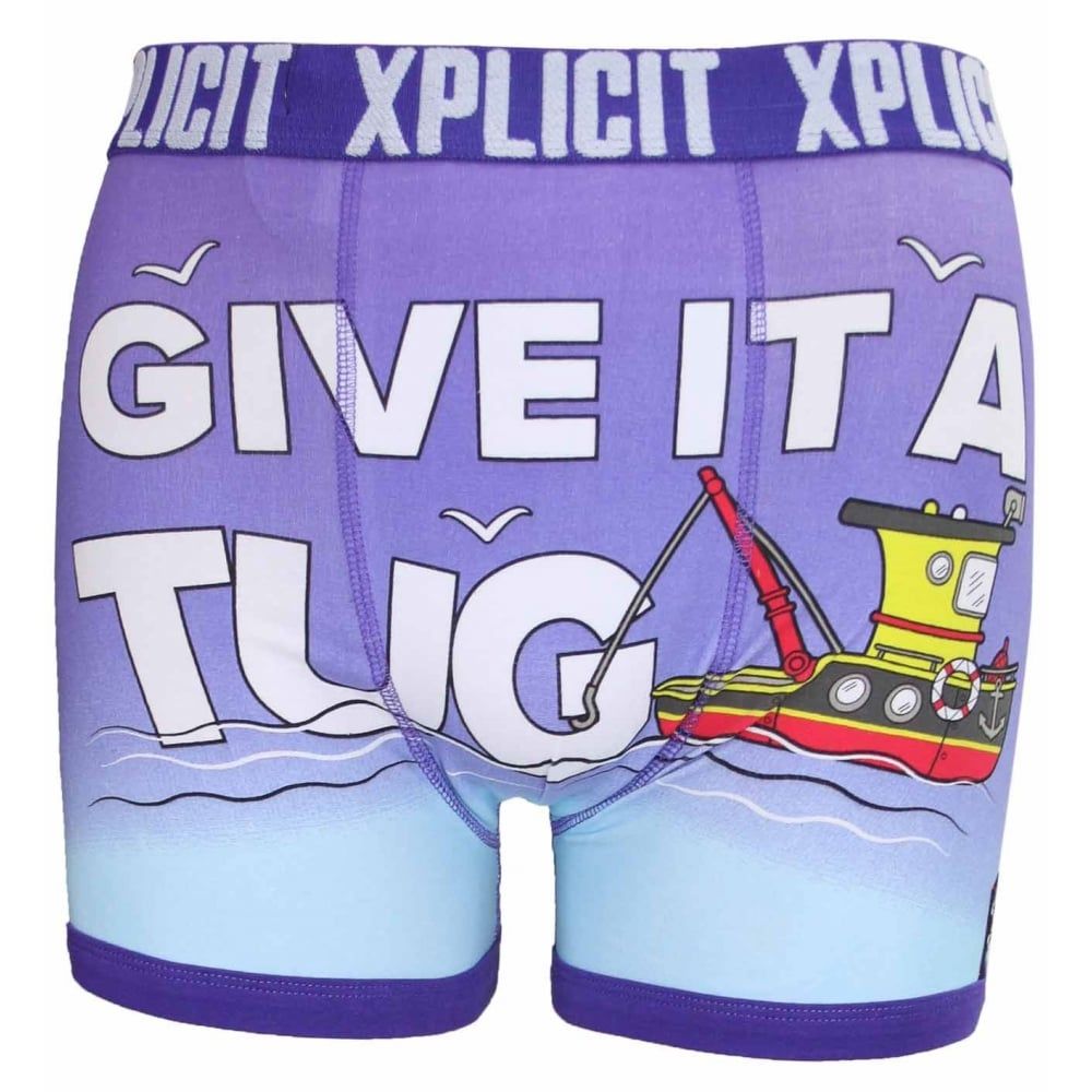 Xplicit Men's Funny Rude Tugger Geek Cartoon Novelty Boxer Shorts Trunks Purple Rain