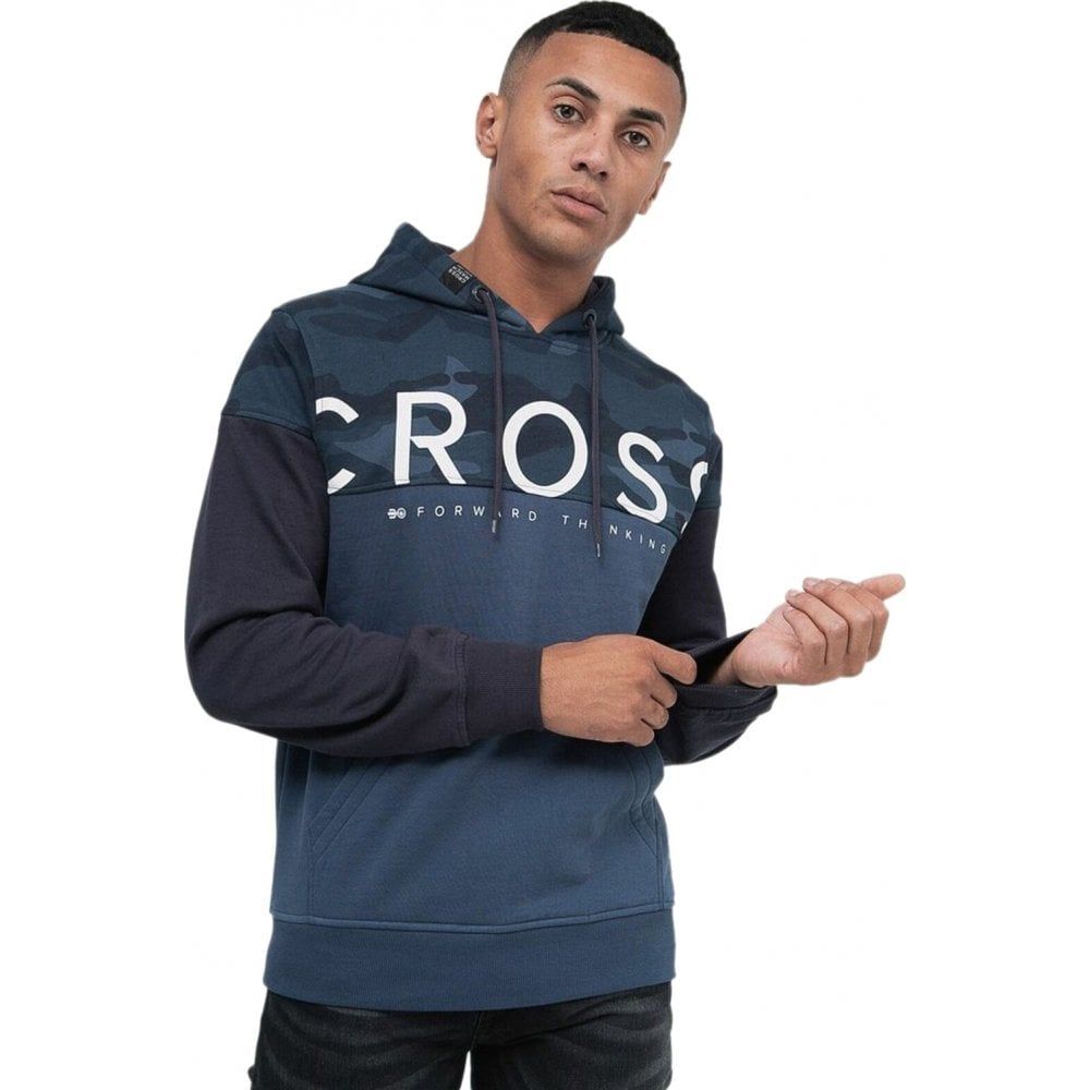 Mens Hoodie Crosshatch Popof Navy Camo Panel Sweatshirt Jumper Top Pullover 