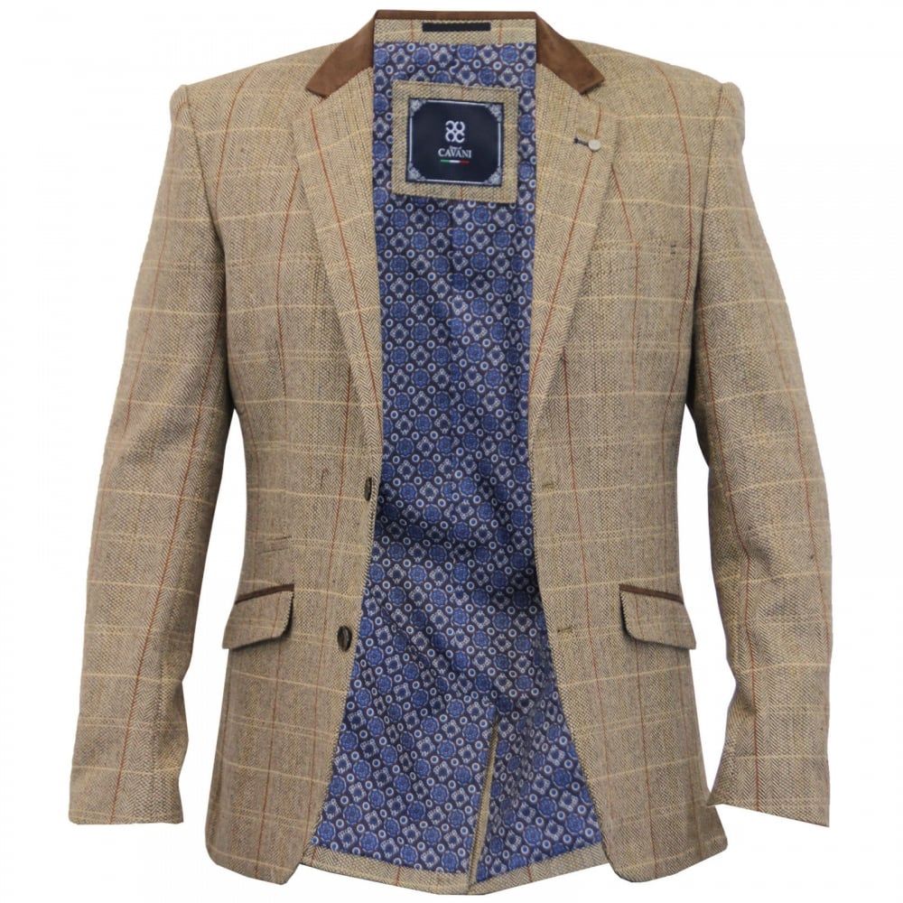 Cavani Mens New Baron Tweed Regular Fit Blazer Tan Check