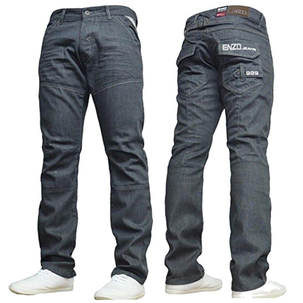 Mens Enzo New EZ313 Regular Fit Straight Leg Jeans Grey Wash Jeans