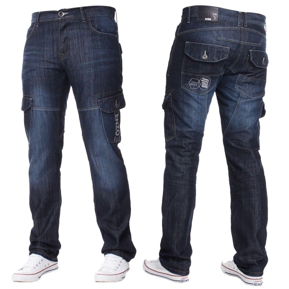 Mens Jeans Enzo New CARGO Combat Dark Washed Straight Leg Jeans