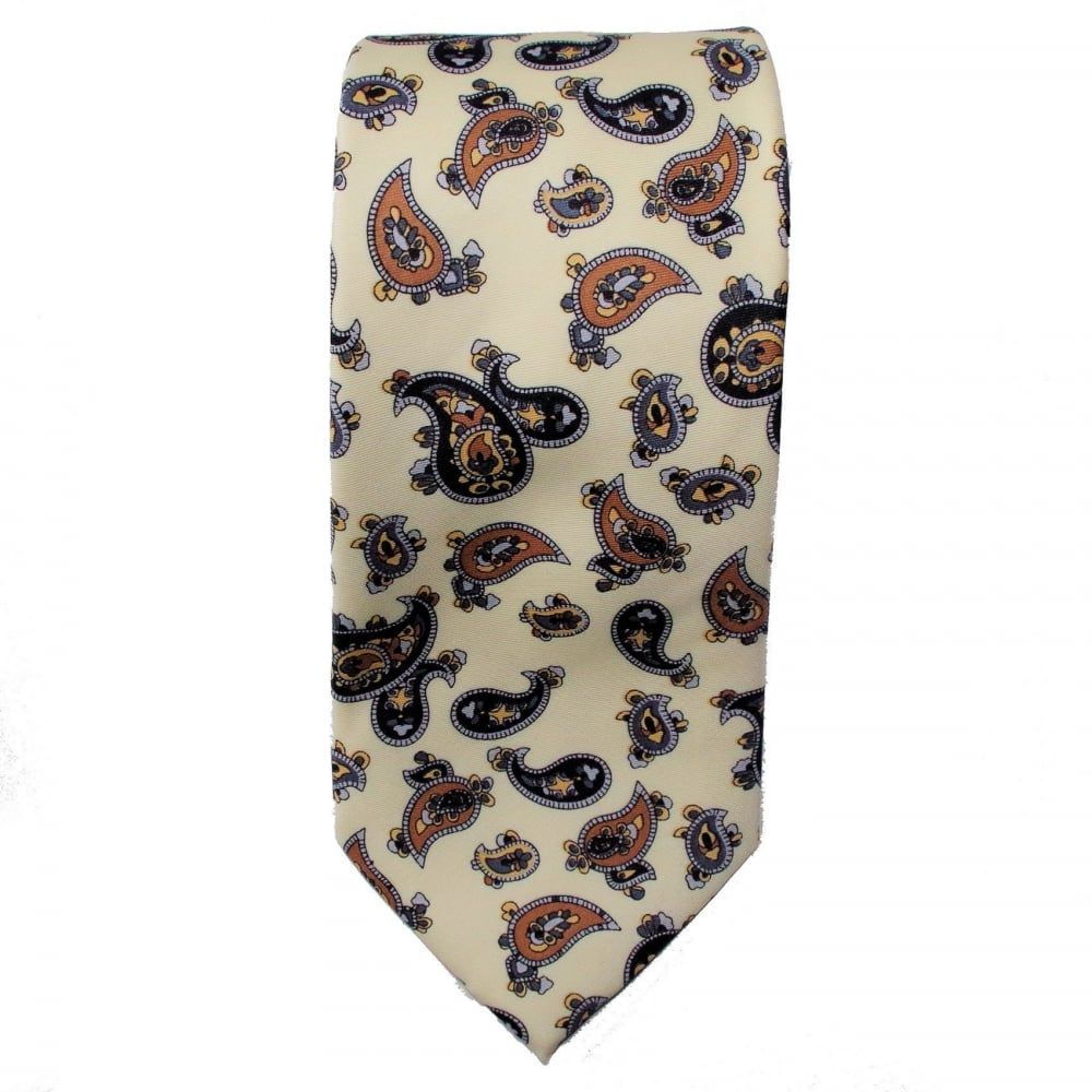 Warrior Mens Mod Style Cream Vintage Paisley Tie 1970s Look