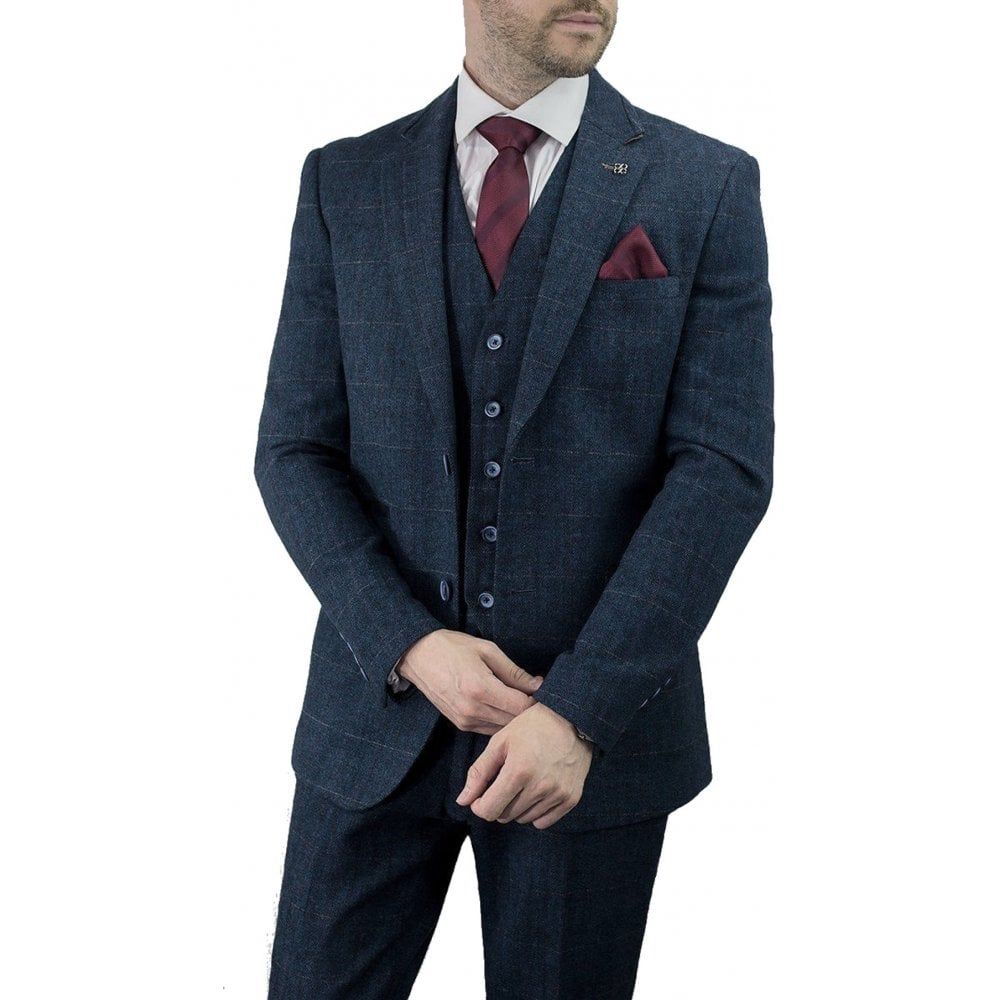 Cavani Carnegi 3 Piece Suits Check Tweed Regular Fit Blazer Navy Check