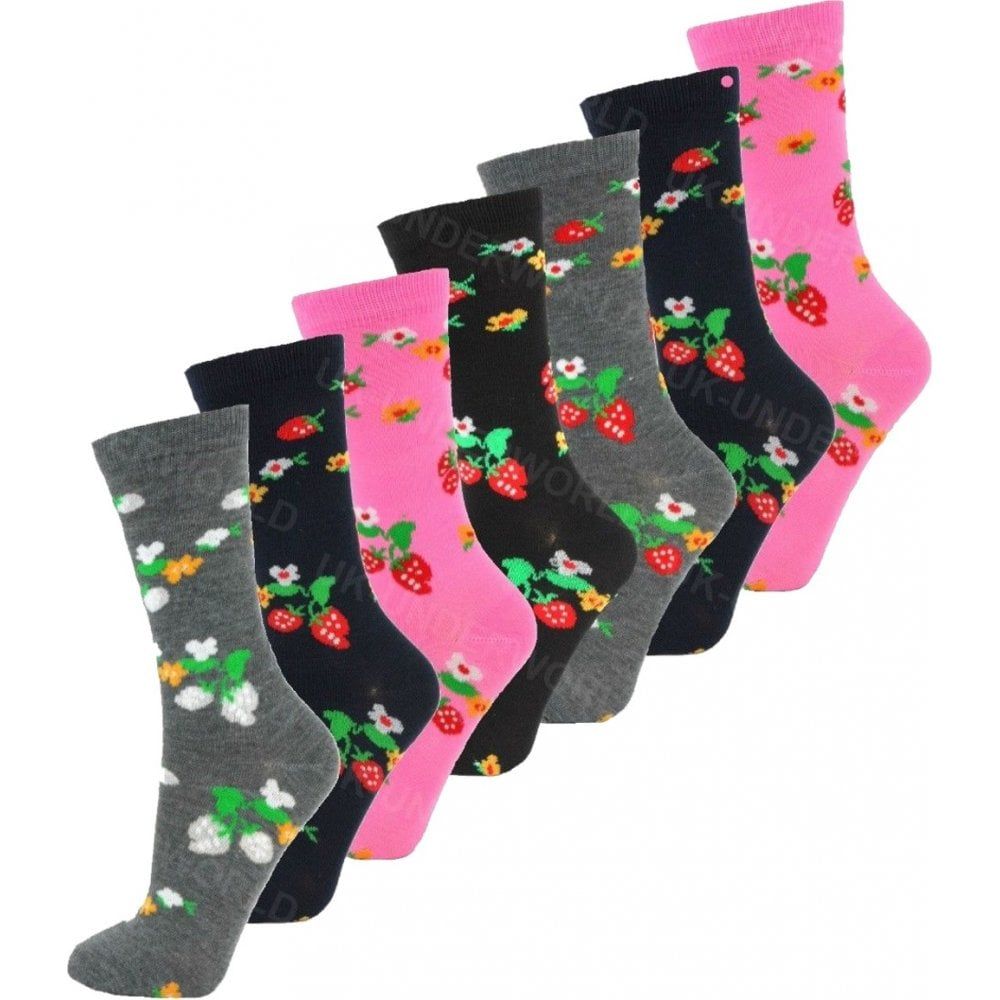 6 Pairs Ladies Womens Coloured Design Socks Cotton Blend Designer Adults 4-7