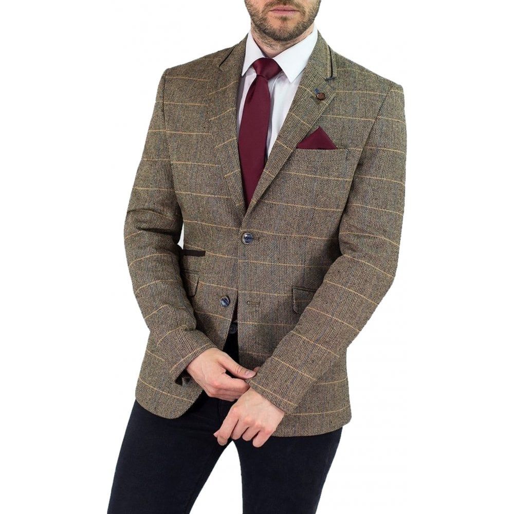 Cavani Albert Mens New Tweed Slim Fit Blazer Brown Check