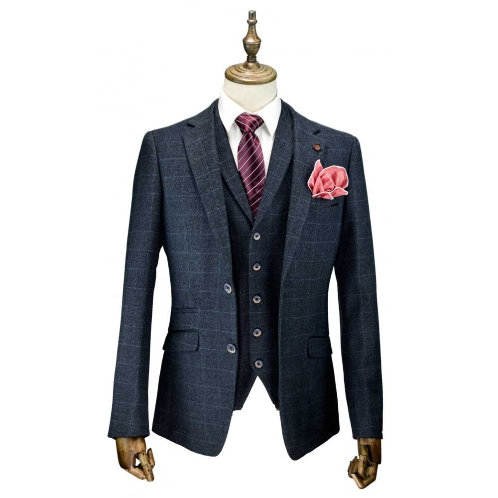 Cavani Draco 3 Piece Suits Check Tweed Regular Fit Blazer Navy Check