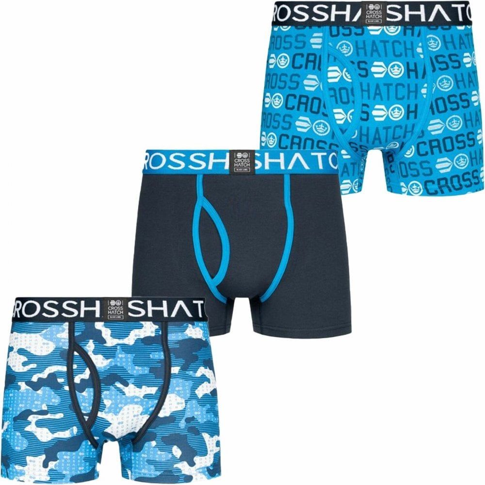 Crosshatch 3 Pack Camotype Designer Boxer Trunks Underwear Directoire Blue