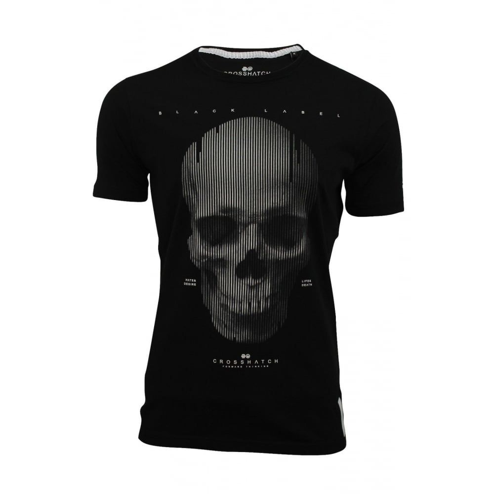 Crosshatch Mens Carebrum Designer Casual Skull T Shirt Black 