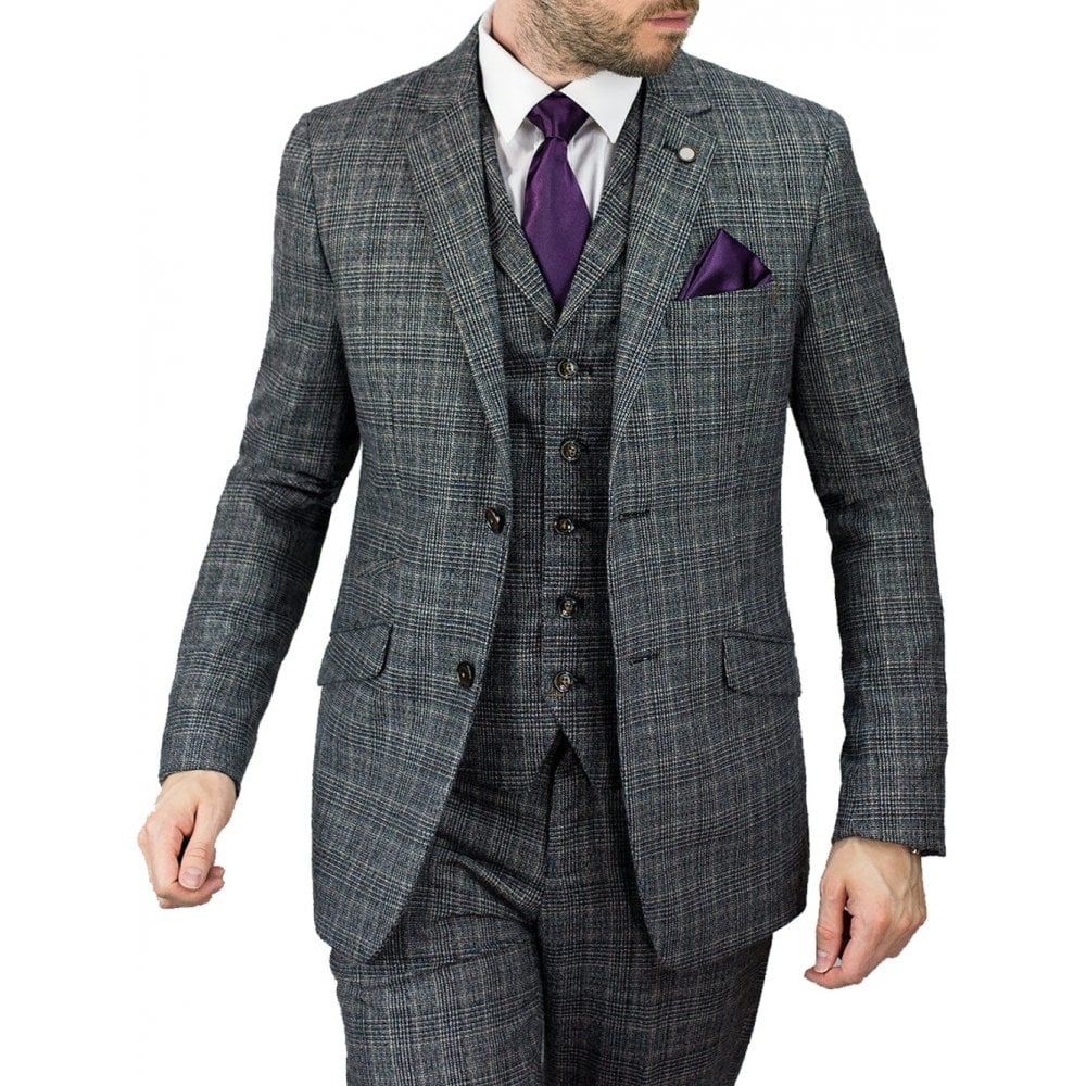 Cavani Mens Check 3 Piece Vintage Retro Herringbone Tweed Grey Tailored Fit