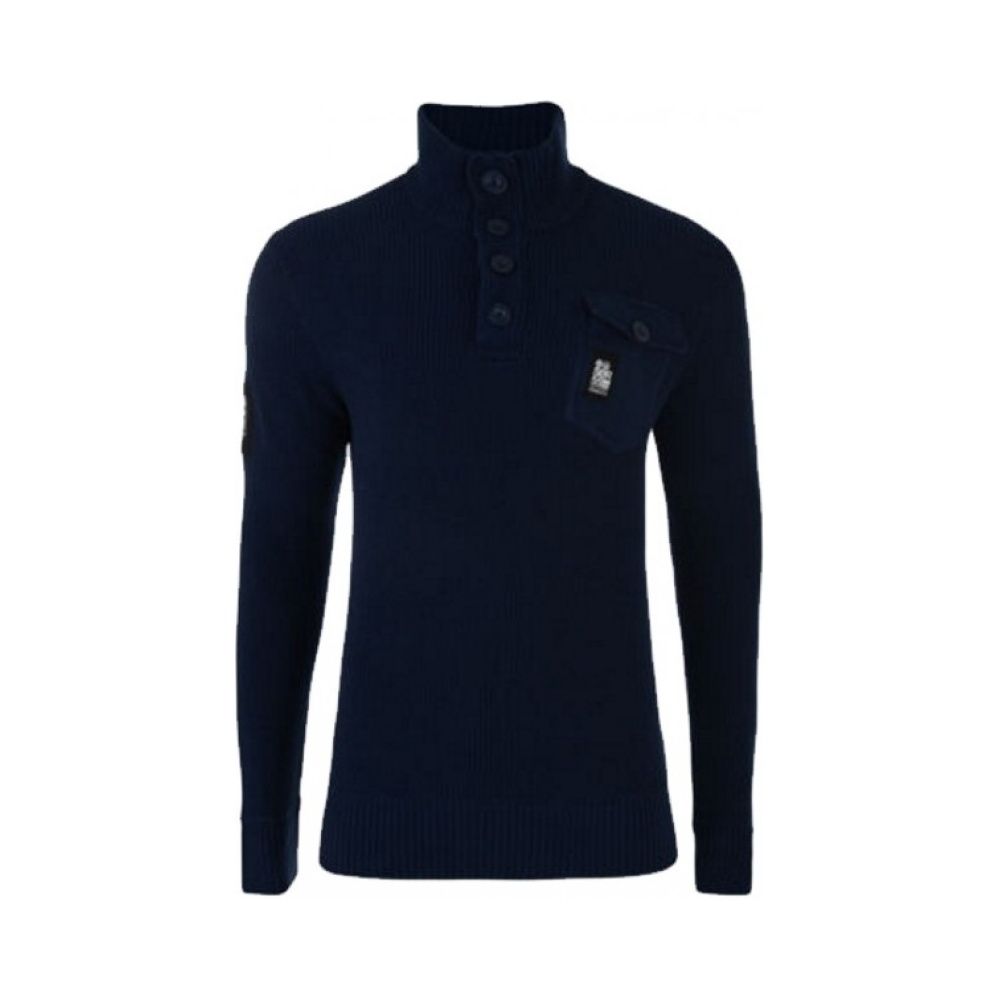 Mens Smart Funnel Neck Knitted Jumper Button Collar Whiteway Navy