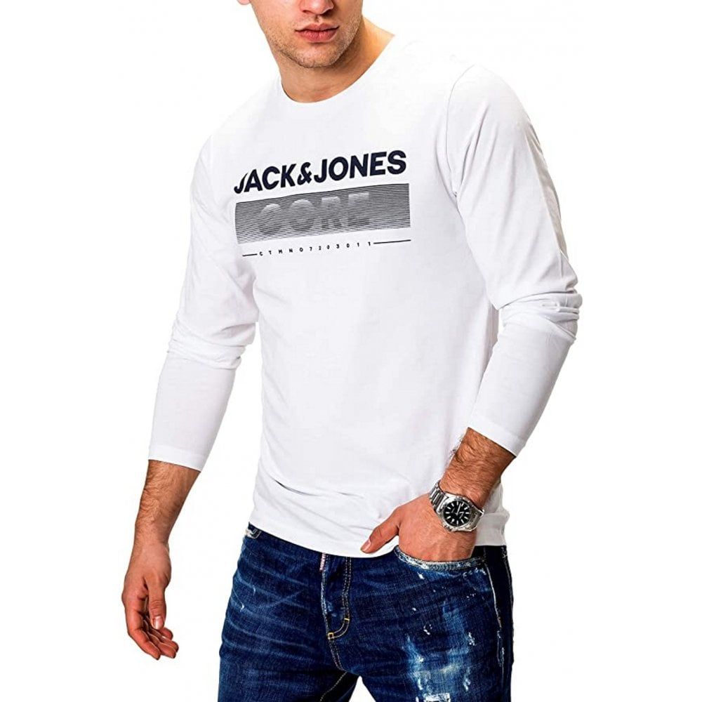 Mens Jack & Jones New Town Designer Classic Long Sleeve T Shirt White