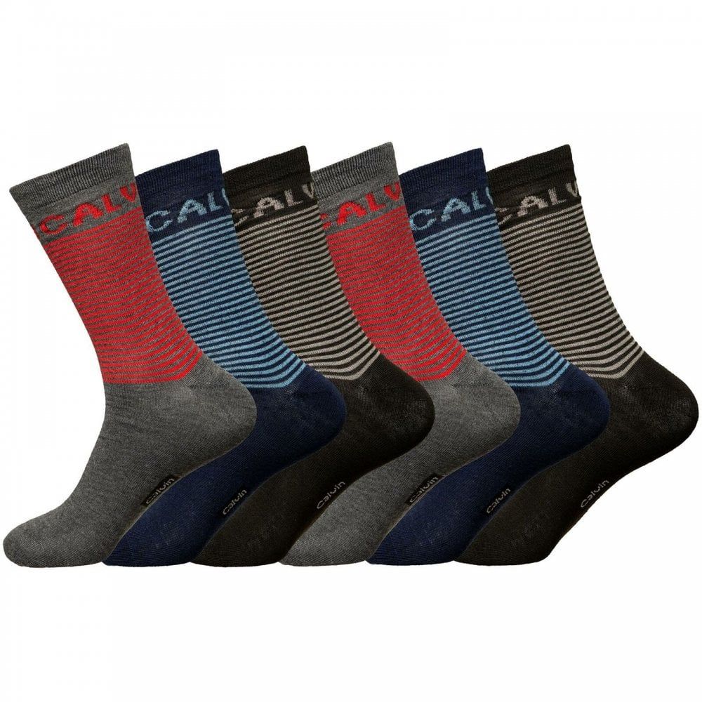 Mens Calvin Coloured Striped Socks Smart Suit Work Golf Cotton Blend Adults 6 Pairs