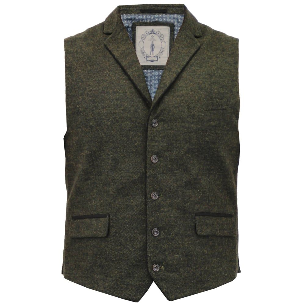 Cavani Mens Check Kalinka Vintage Smart Casual Waistcoat Olive